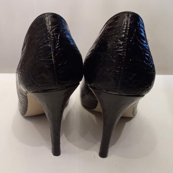 Joey O Black Stilettos Moc Croc Buckle Peep Toes size 8 silver insoles 4" Heels - Picture 5 of 8